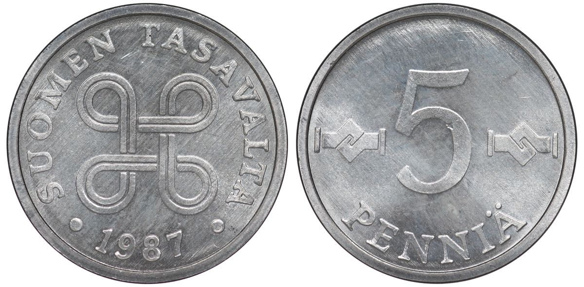 ФИНЛЯНДИЯ 5 ПЕННИ 1987 KM 45а алюминий UNC 3334-1114