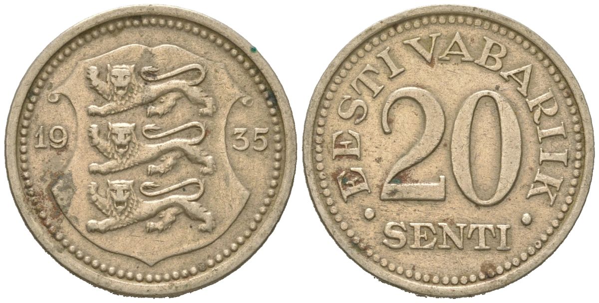 Эстония 20 центов 1935 Республика (1918-1941) KM 17 никель бронза 4615-1116