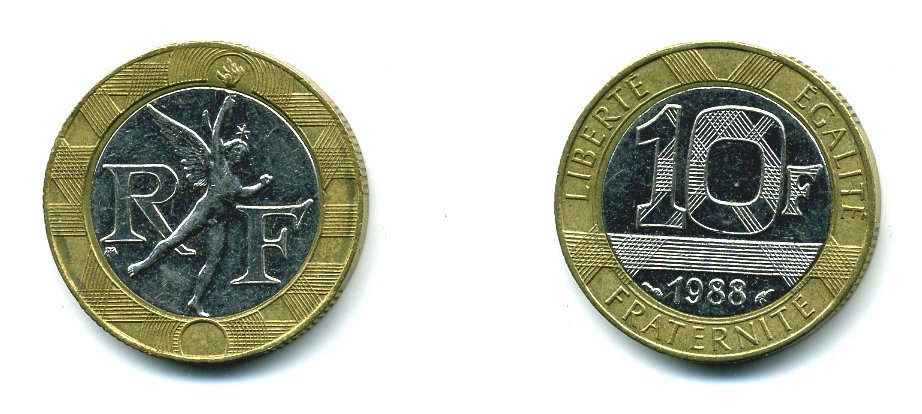 Франция 10 франков 1988 тип Гений Бастилии KM 964.1, Le Frank 375.2 биметалл 51-4733