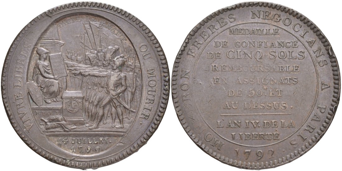 Франция 5 солей (су) 1792 LAN 4, революции, токен, VIVRE LIBRAS OU MOURIR ("Жить свободным или умереть", MONNERON FRERES NEGOCIANS A PARIS (Торговцы братья Моннерон. Париж). KM Tn31, Guilloteau 291, Mazard 145 бронза 4552-1011