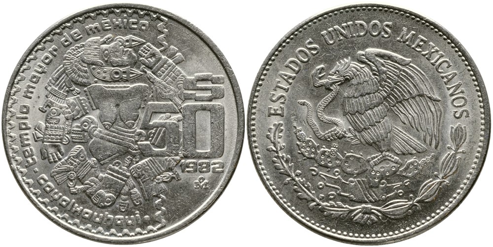 МЕКСИКА 50 ПЕСО 1982 БОГИНЯ ЛУНЫ КОЙОЛЬШАУКИ KM 490 медно-никель 4527-922
