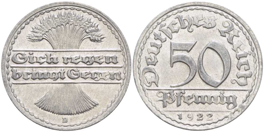 ГЕРМАНИЯ 50 ПФЕННИГОВ 1922 D KM 27, J. 301, Weege 10 алюминий 261-811