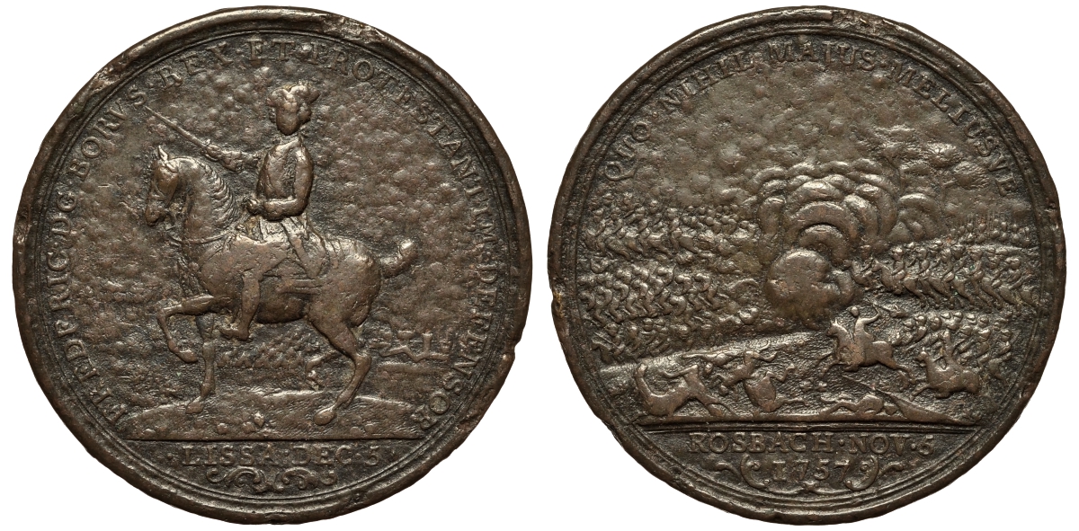 ГЕРМАНИЯ МЕДАЛЬ 1757 РУССКО-ПРУССКАЯ ВОЙНА, СРАЖЕНИЕ ПРИ РОСБАХЕ, 5 НОЯБРЯ 1757, ДИАМЕТР 48 ММ. ВЕС 32,3 ГР. бронза 1093-2-41