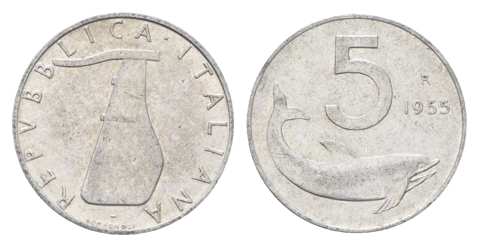 Италия 5 лир 1955 R, дельфин, плуг KM 92 алюминий 4705-158