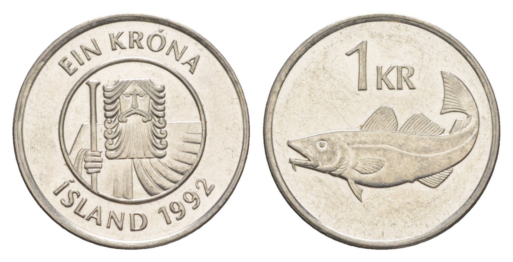 Исландия 1 крона 1992 треска KM 27a сталь плакированная никелем aUNC 4523-346