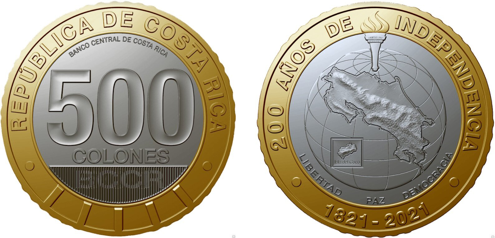 Коста-Рика 500 колон 2021 200 лет независимости KM NEW биметалл  UNC  M68-04