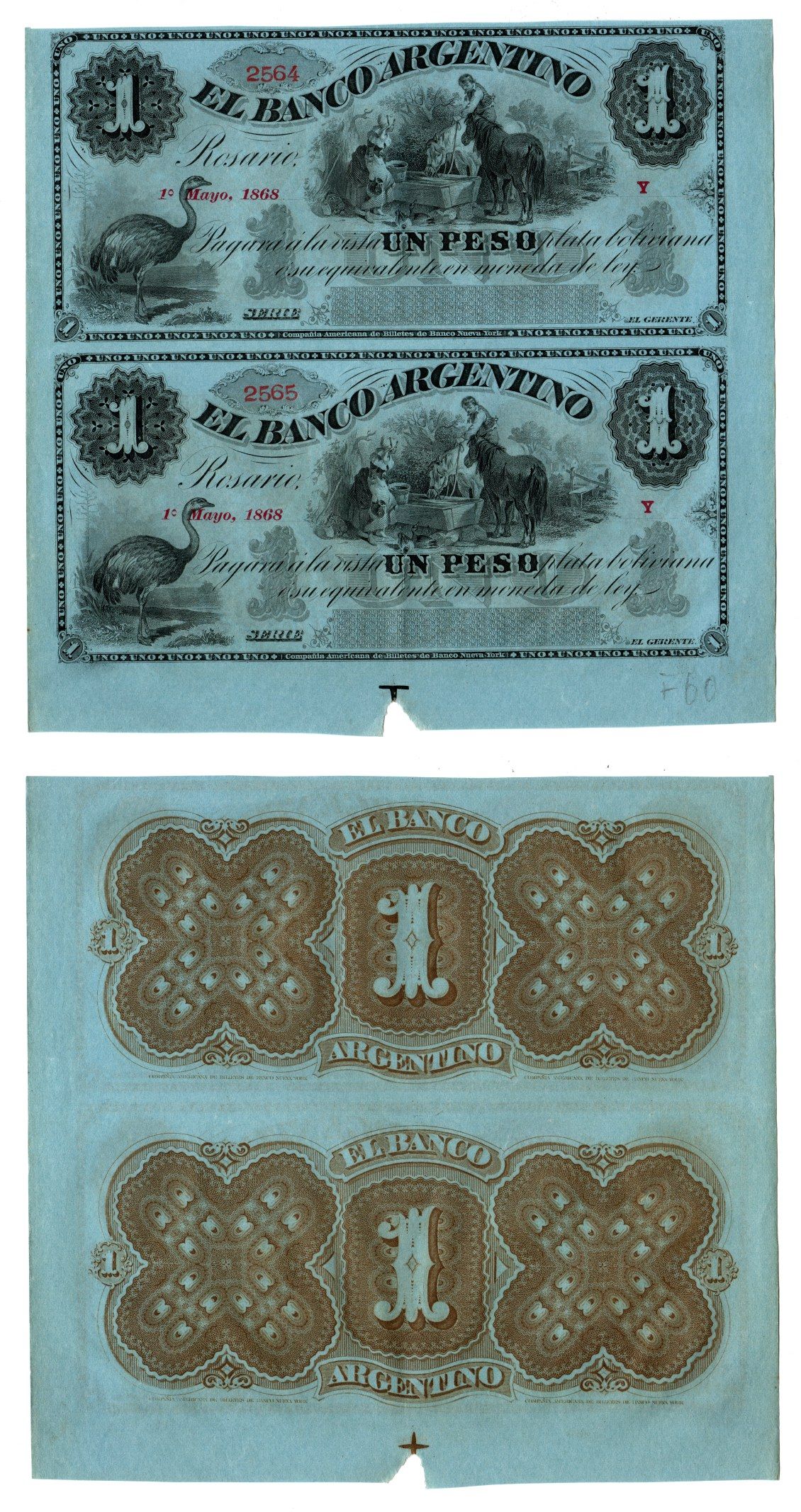 Аргентина 1 песо 1868 неразрезанные банкноты. Страус. гаучо, лошади, девушка Pick S1531 бумага 451-1264-2