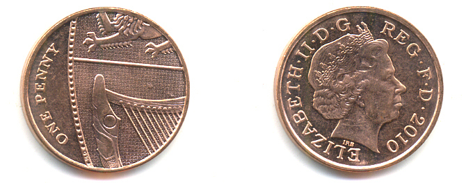 Великобритания 1 пенни 2010 Елизавета II (1952-2022) KM 1107, Spink B6 сталь плакированная медью 177-1224