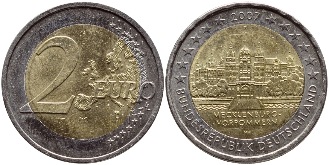 ФРГ 2 евро 2007 F, серия федеральные земли, Мекленбург-Передняя Померания, Шверинский замок KM 260 биметалл UNC 63-1344