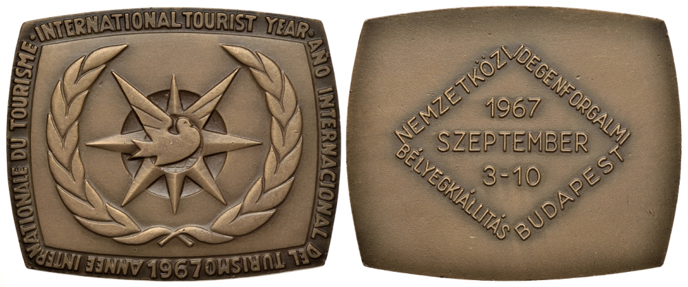 ВЕНГРИЯ ПЛАКЕТКА 1967 МЕЖДУНАРОДНЫЙ ГОД ТУРИЗМА, БУДАПЕШТ, 3-10 СЕНТЯБРЯ 1967, РАЗМЕР 48,5 Х 59,5 ММ., ВЕС 73,46 ГР. бронза 1079-3-41