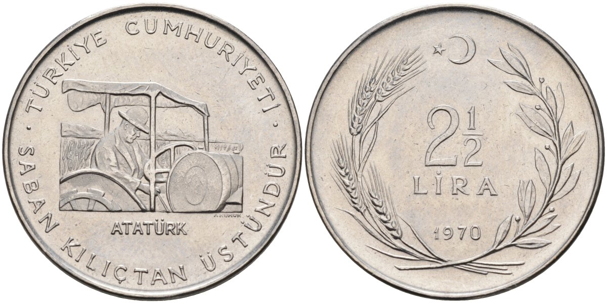 Турция 2 1/2 лиры 1970 ФАО, сельское хозяйство KM 896 нержавеющая сталь UNC 4574-1045