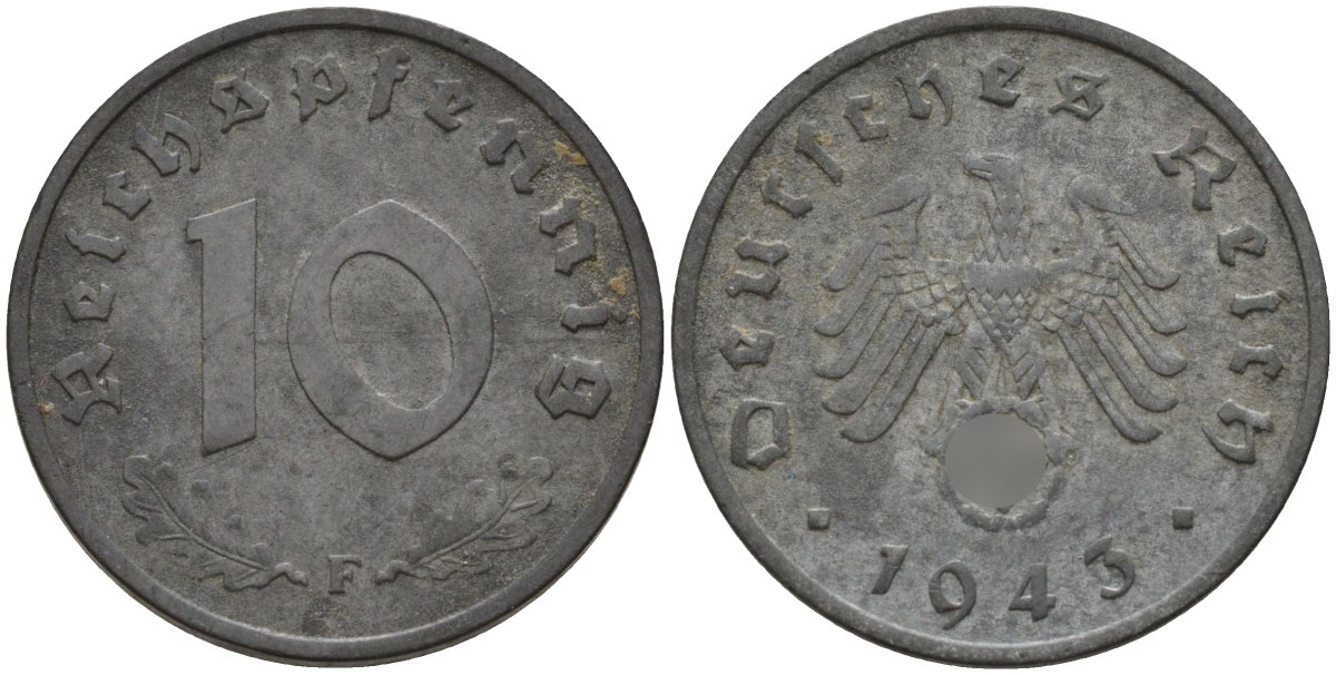 Германия 10 рейхспфеннигов 1943 F KM 101, J.371 цинк 4151-255