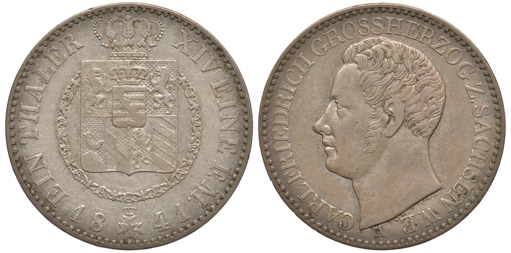 Саксен-Веймар-Эйзенах 1 талер 1841 KM 87, Jaeger 531, Thun 384, AKS 21, Kahnt 514, Davenport 845 серебро 00-815-74