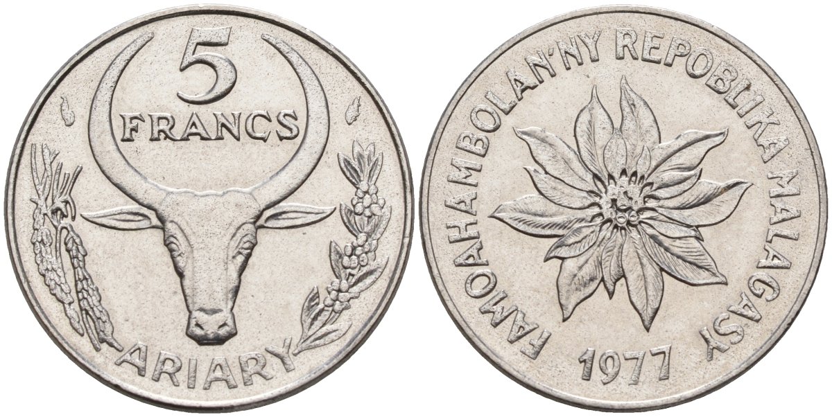 Мадагаскар 5 франков 1977 KM 10 сталь 4141-644