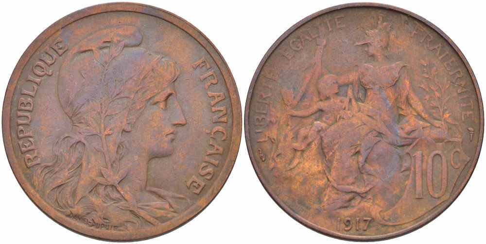 Франция 10 сантимов 1917 тип Даниэль Дюпюи KM 843, LA FRANC 136.29 бронза 109-433