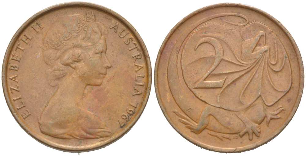 АВСТРАЛИЯ 2 ЦЕНТА 1967 ЕЛИЗАВЕТА II (1952-) МОЛОДОЙ ПОРТРЕТ, ПЛАЩЕНОСНАЯ ЯЩЕРИЦА KM 63 бронза 217-136