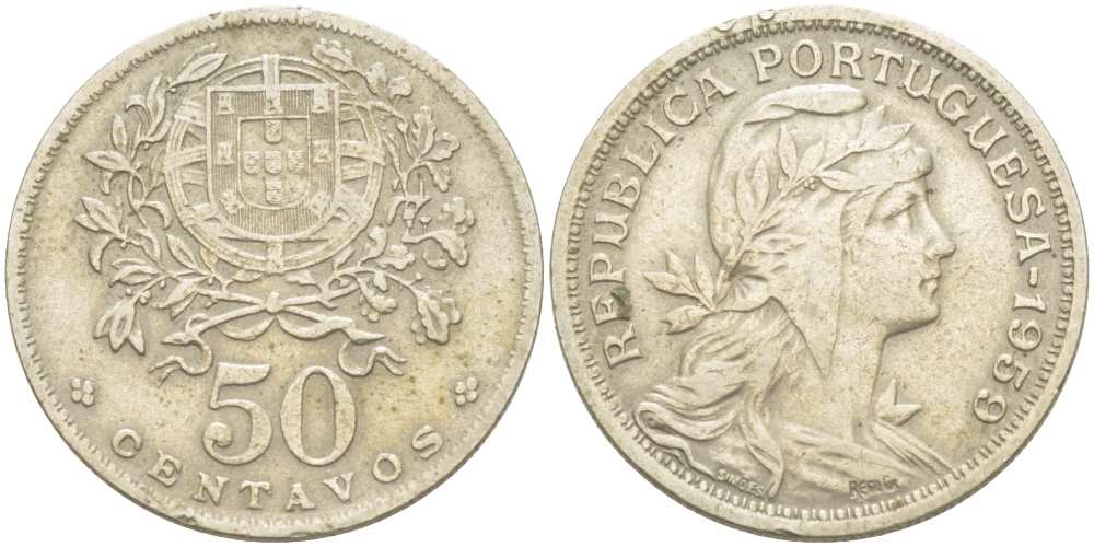 Португалия 50 сентаво 1959 голова Свободы вправо KM 577 медно-никель 4513-1215