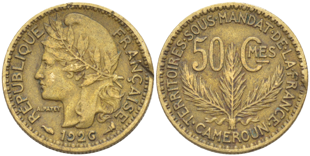 Французский Камерун 50 сантимов 1926 (а), монетный двор Париж KM 1 алюминиевая бронза 35-1364