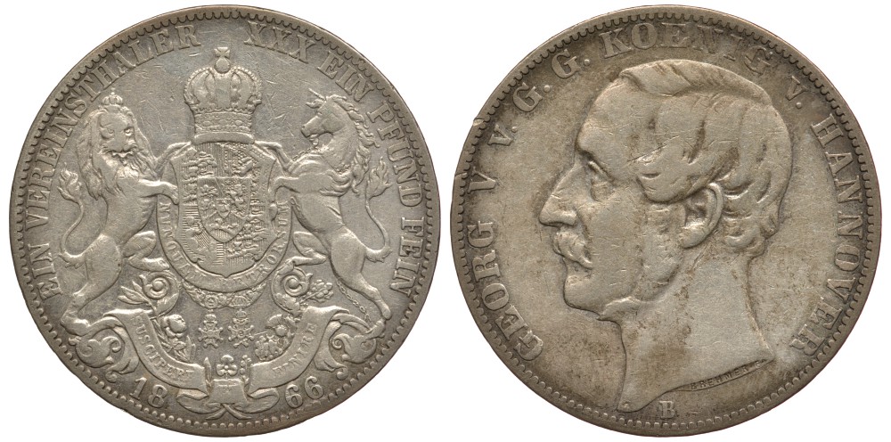 Брауншвейг-Каленберг-Ганновер 1 талер 1866 В, Георг V (1851-1866) КМ 230, AKS 144, Dav. 682, Kahnt 239, Thun 174 серебро 00-1067-10-12
