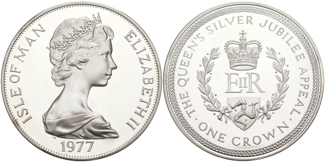 Остров Мэн 1 крона 1977 Серебрянный Юбилей Елизаветы II, в оригинальной коробке, с сертификатом KM 42а серебро PROOF 3-4-4-25