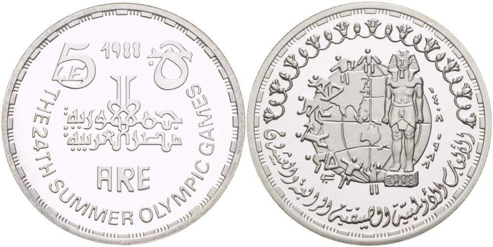 ЕГИПЕТ 5 ФУНТОВ 1988 XXIV ЛЕТНИЕ ОЛИМПИЙСКИЕ ИГРЫ В СЕУЛЕ 1988 ГОДА, СТАТУЯ ФАРАОНА, СТИЛИЗОВАННЫЕ ВИДЫ СПОРТА ТИРАЖ 2000 ЭКЗ. KM 624 серебро PROOF 1074-6-24