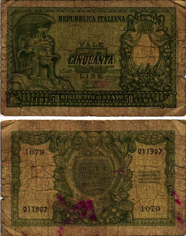 Италия 50 лир 1951 Афина Pick 91a бумага 7548-121-1-1