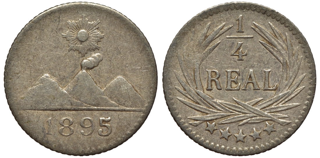Гватемала 1/4 реала 1895 5 звезд, Испанское правление KM 162 серебро 4549-569