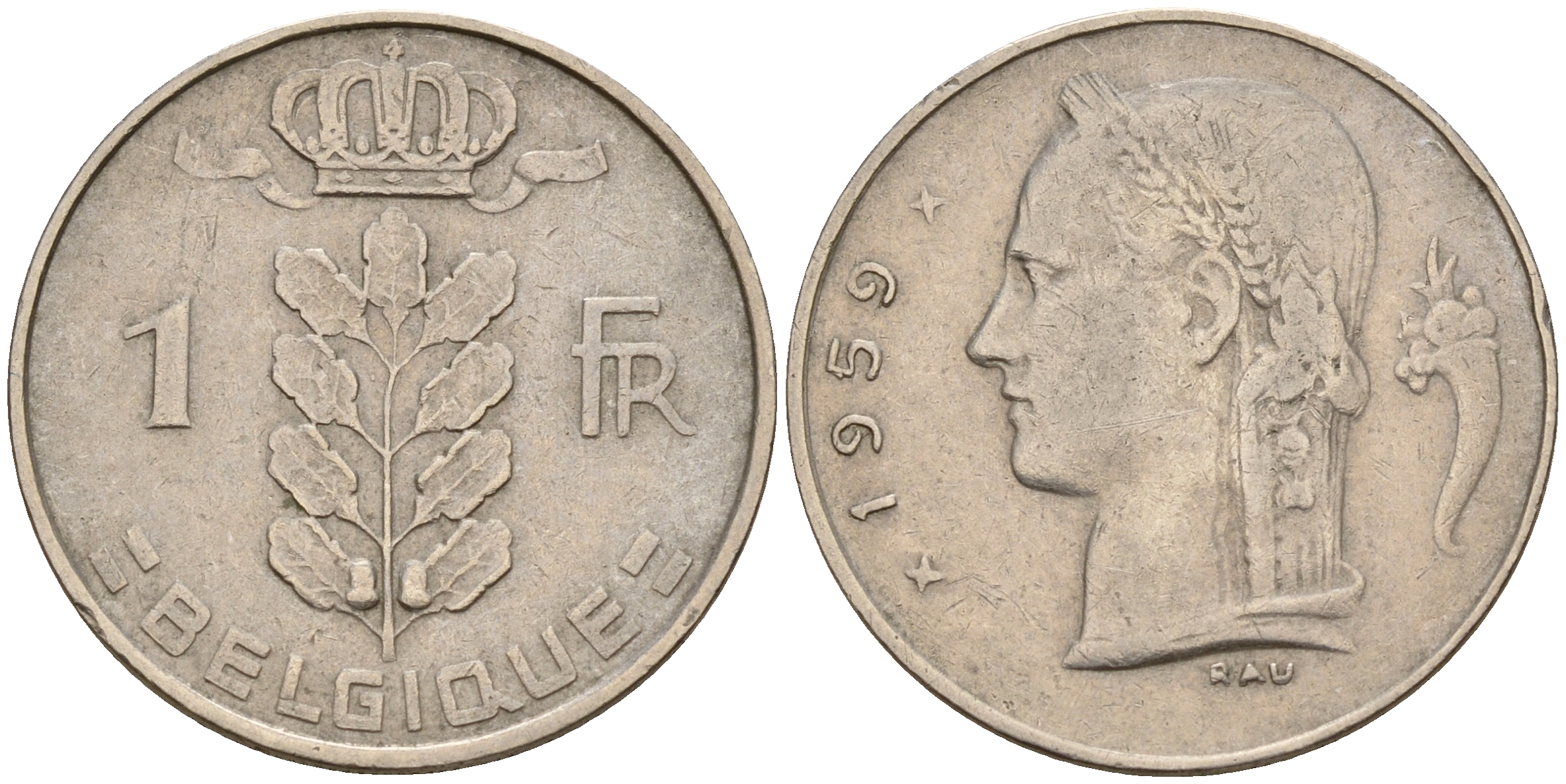 Бельгия 1 франк 1959 Belgique KM 142.1 медно-никель    4161-1233