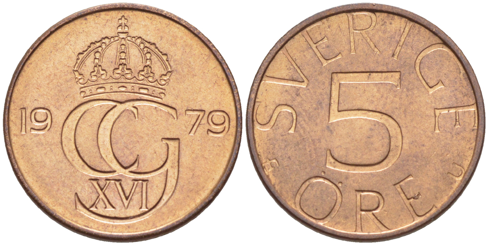 Швеция 5 эре 1979 U, Карл XVI Густав (1973- ) KM 849 бронза 4181-1242