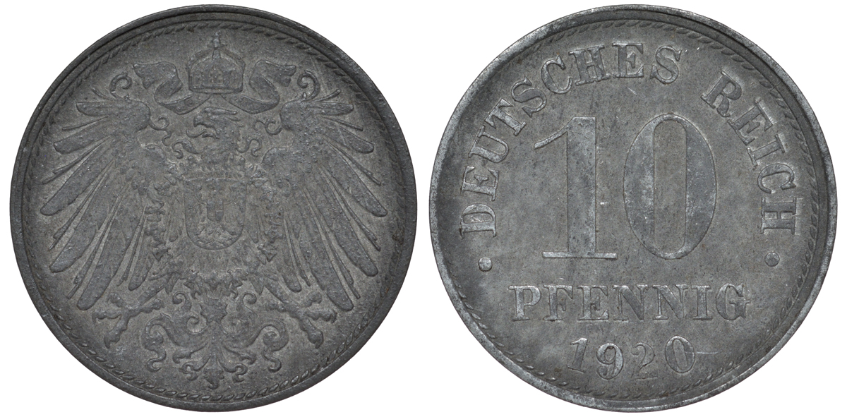 ГЕРМАНИЯ 10 ПФЕННИГОВ 1920 KM 26, J. 299 цинк 45-1259