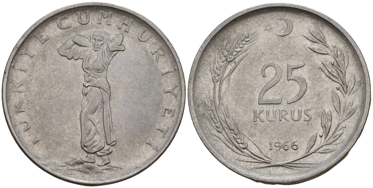 Турция 25 курушей 1966 KM 892.2 нержавеющая сталь 4156-813