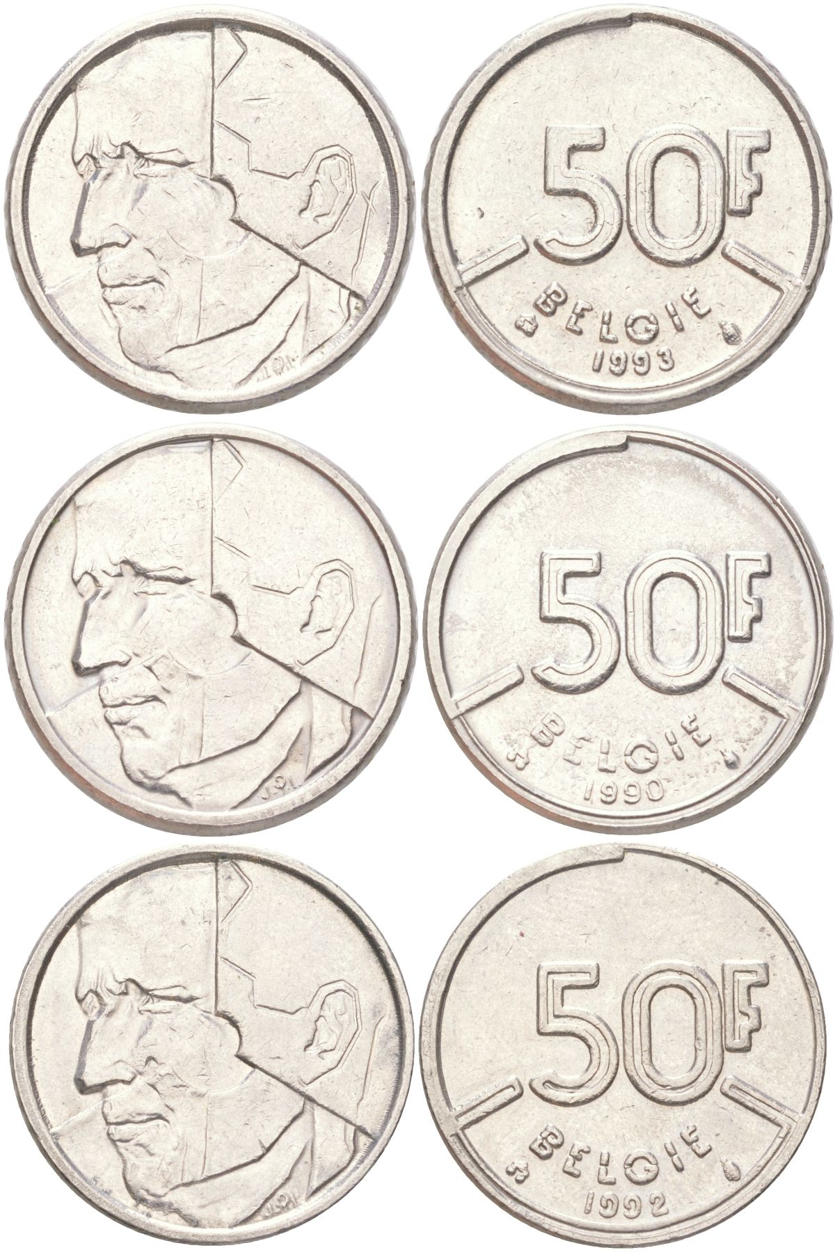 Бельгия набор из 3 монет разных годов (50 франков) 1990, 1992 и 1993 Belgie, Бодуэн I (1951-1993) KM 169 никель 4612-621-623