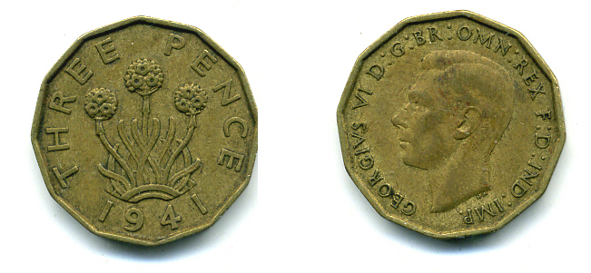 Великобритания 3 пенса 1941 Георг VI (1936-1952) KM 849, Spink 4112 никель латунь 89-713