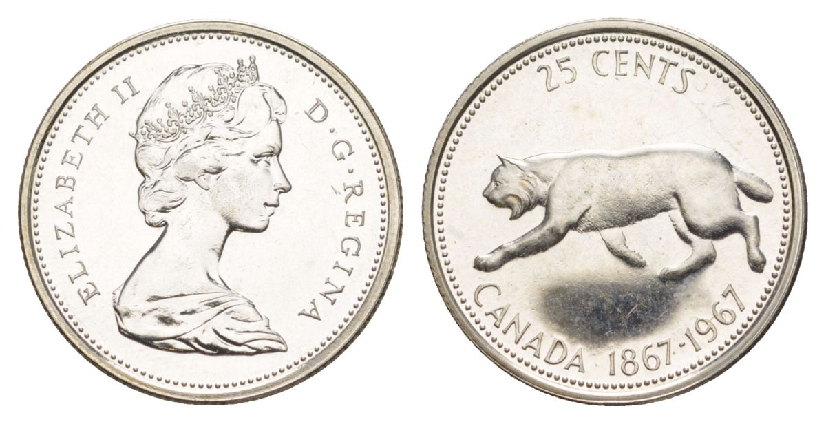 Канада 25 центов 1967 100 лет Конфедерации Канада KM 68 серебро BU 4631-455