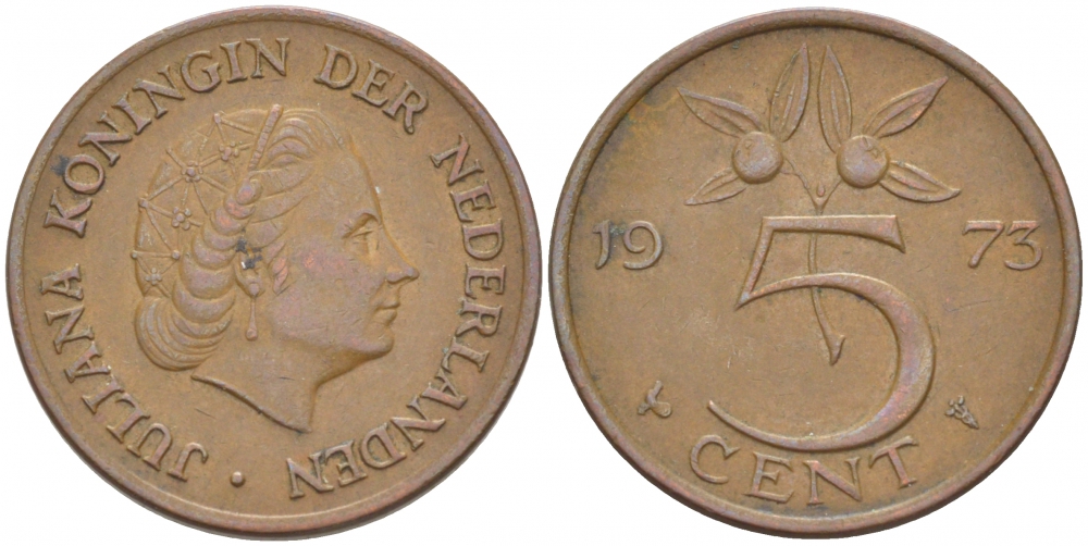 НИДЕРЛАНДЫ 5 ЦЕНТОВ 1973 ЮЛИАНА KM 181 бронза 214-826