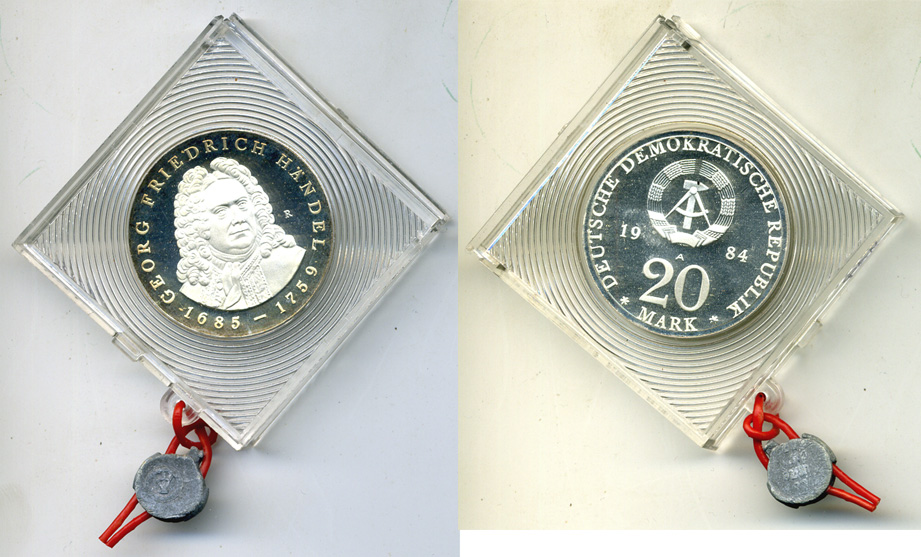 ГДР 20 марок 1984 А, 225 лет со дня смерти Георга Фридриха Генделя (1685-1759), в оригинальной коробке, с пломбой J.1595, KM 100 серебро PROOF 5-3-1-01