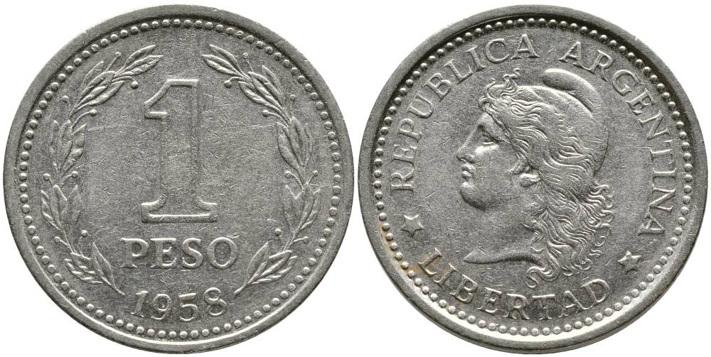 Аргентина 1 песо 1958 голова свободы влево KM 57 сталь плакированная никелем 4525-913