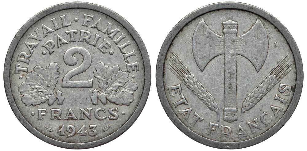 Франция 2 франка 1943 правительство Виши KM 904.1, LE FRANC 270.2 алюминий 27-821