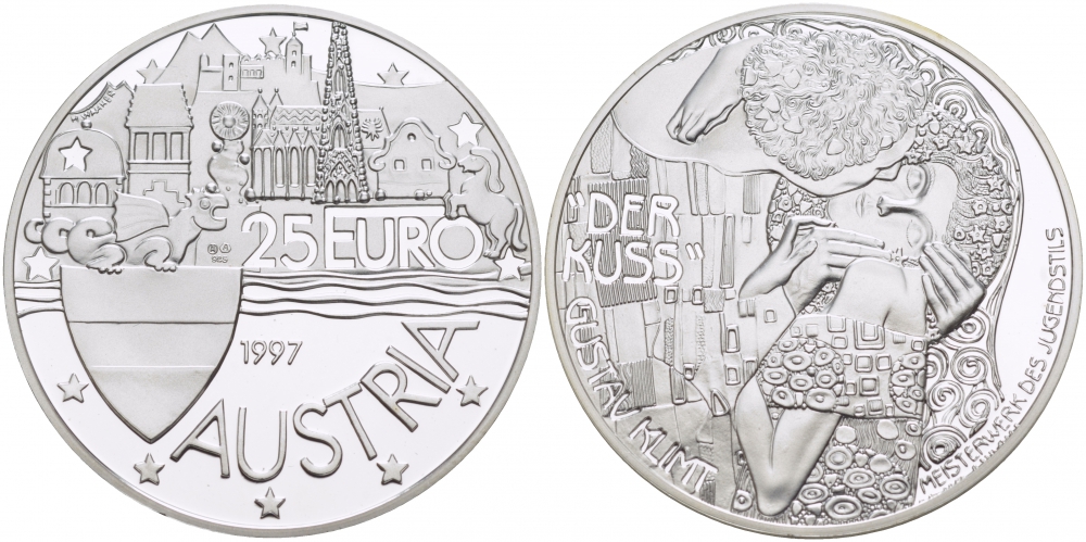 АВСТРИЯ 25 ЕВРО 1997 ГУСТАВ КЛИМТ, DER KUSS, ПОЦЕЛУЙ серебро PROOF 04-136-12