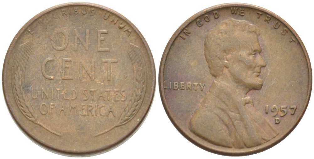 США 1 ЦЕНТ 1957 D, ЛИНКОЛЬН KM А132 медь цинк 218-1035