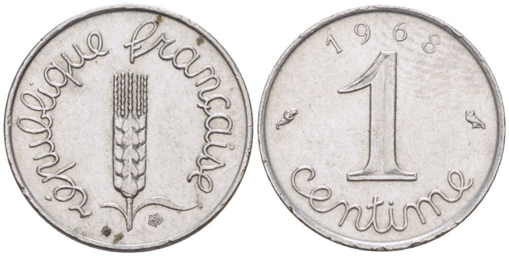 ФРАНЦИЯ 1 САНТИМ 1968 KM 928, LE FRANC 106.15 нержавеющая сталь 4516-768