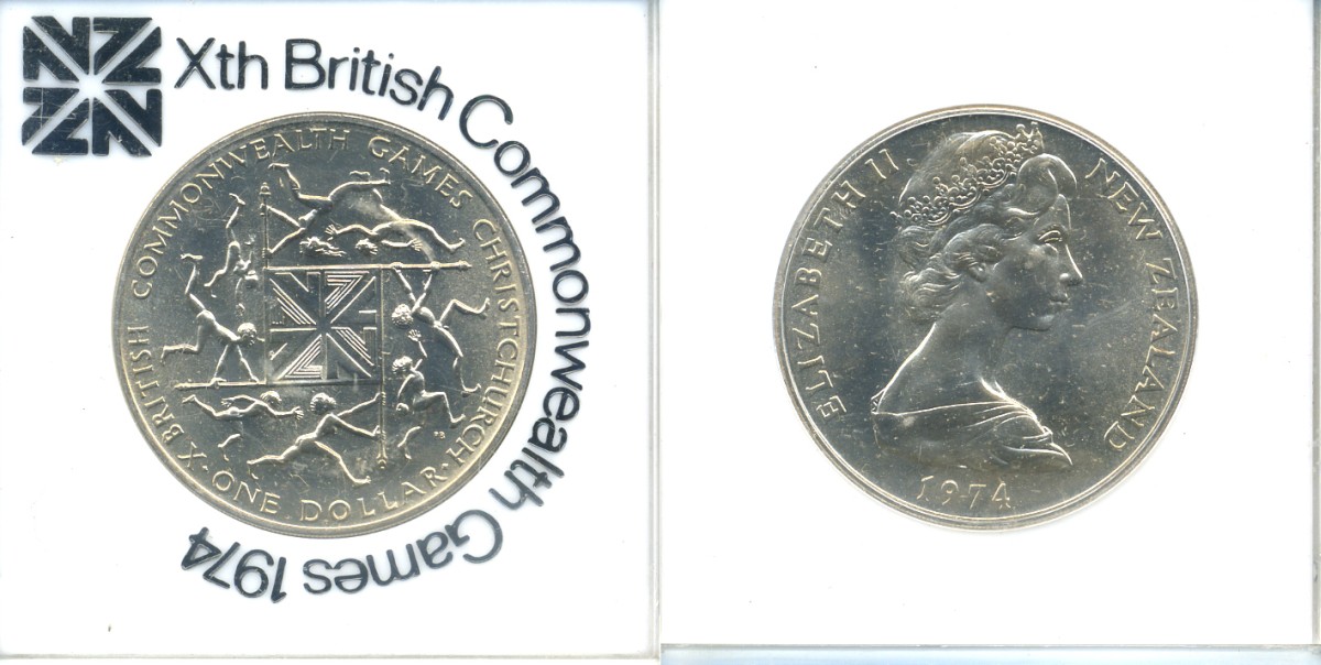 Новая Зеландия 1 доллар 1974 X Игры Британского Содружества наций, Елизавета II (1952-2022), в оригинальной пластиковой упаковке KM 44 медно-никель UNC 06-059-5