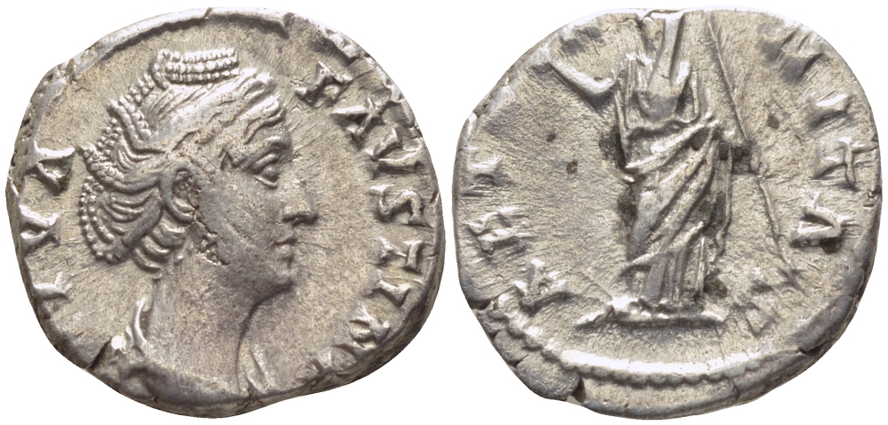 Римская Империя денарий 141 Фаустина Старшая, жена Антонина Пия (посмертная чеканка) DIVA FAVSTINA / AETERNITAS Этернитата, персонификация Вечности, Рим Good Very fine RIC 344 серебро 1073-15-62