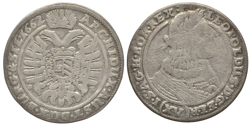 Австрия, Священная Римская империя 15 крейцеров 1662 GH, монетный двор Бреслау,  Леопольд I (1658-1705) KM 1143 серебро 413-431