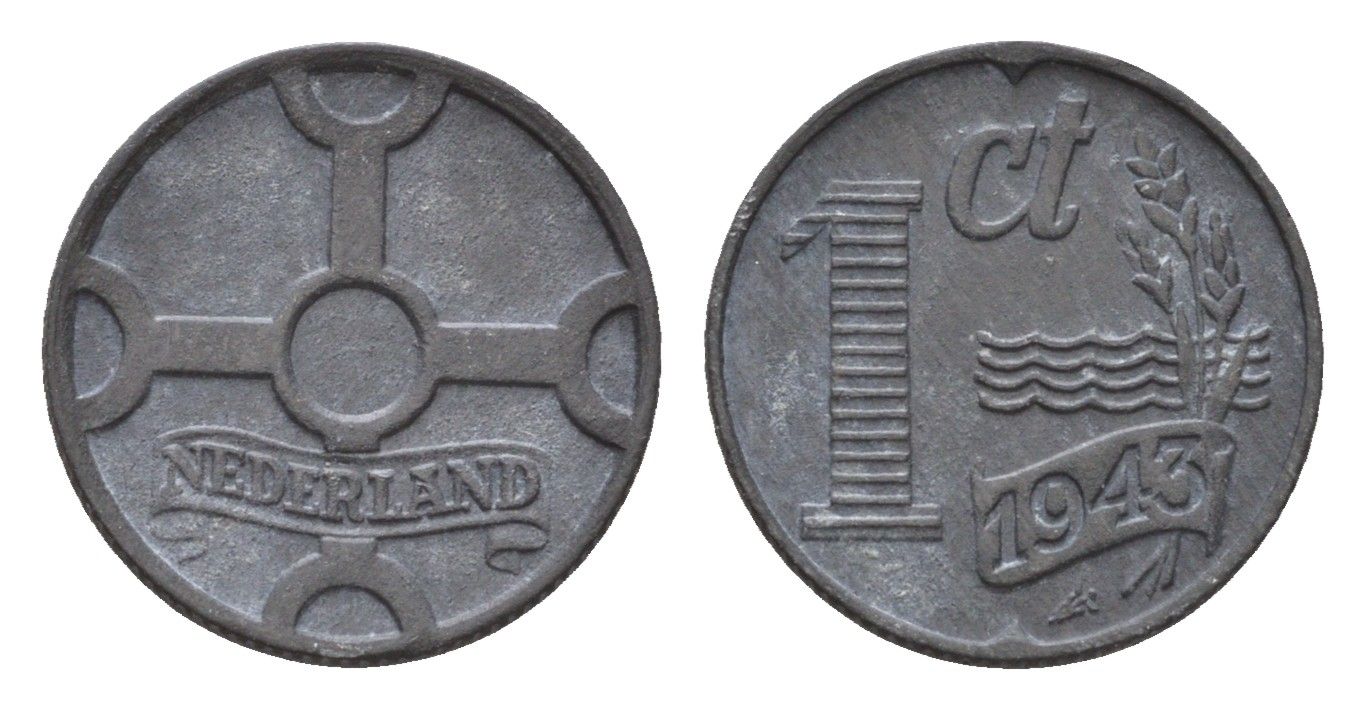 Нидерланды 1 цент 1943 Вильгельмина (1890-1948) KM 170 цинк 4674-1218