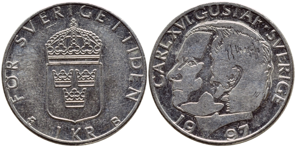 Швеция 1 крона 1997 Карл XVI Густав (1973- ) KM 852a медно-никель 4381-517