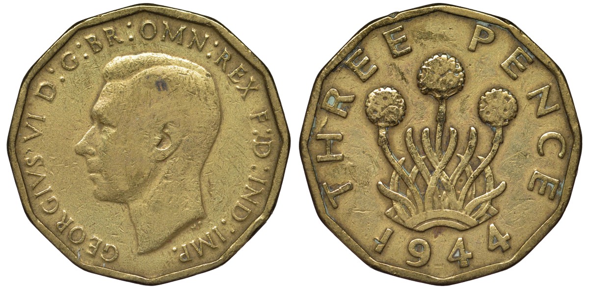 Великобритания 3 пенса 1944 Георг VI (1936-1952) KM 849, Spink 4112 никель латунь 4122-916