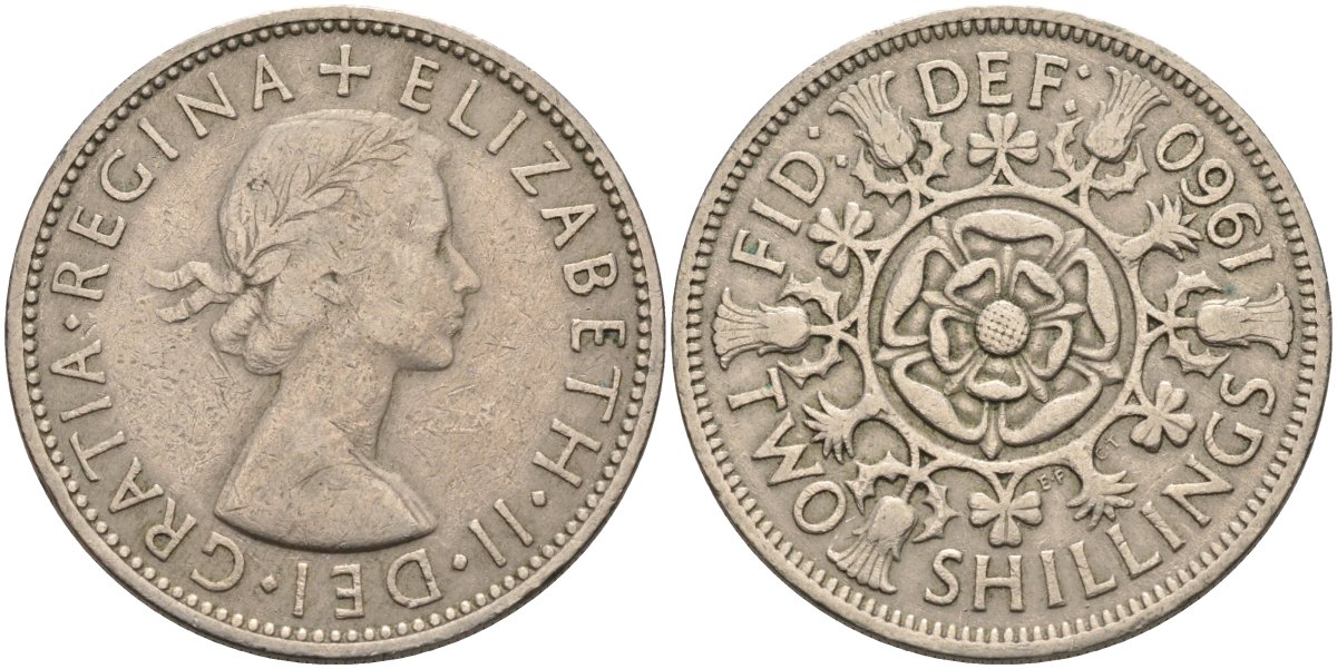 Великобритания 2 шиллинга (флорин) 1960 Елизавета II (1952-2022) KM 906, Spink 4146 медно-никель 4587-934
