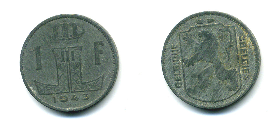 БЕЛЬГИЯ 1 ФРАНК 1943 BELGIQUE-BELGIE KM 127 цинк 86-1132