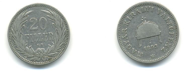 Венгрия 20 филлеров 1893 KB, Франц Иосиф I (1848-1916) KM 483 никель 93-412